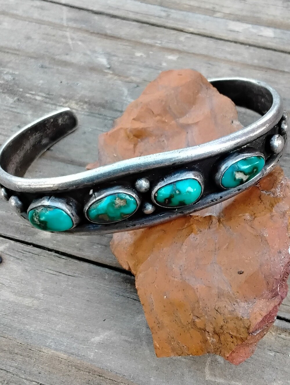 Vintage Sterling Silver Cuff Bracelet 4 Oval Turquoise Blue Stones "6.5" - Picture 3 of 6